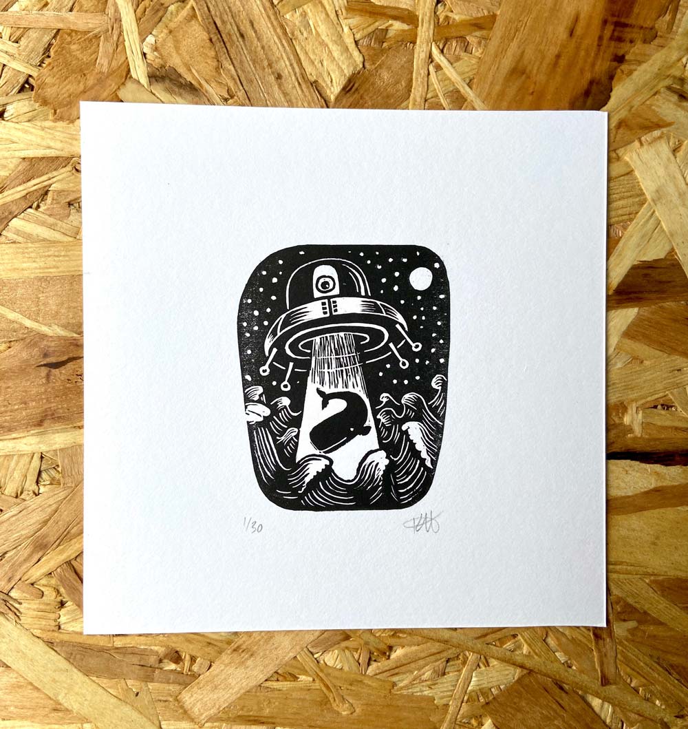 ufo abducting whale from ocean linocut print retro cartoon style