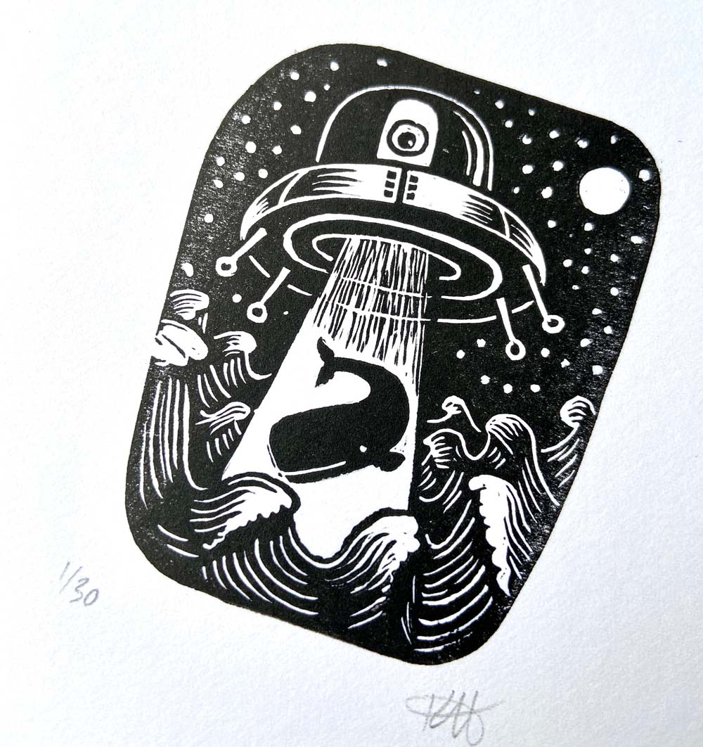 ufo abducting whale from ocean linocut print retro cartoon style