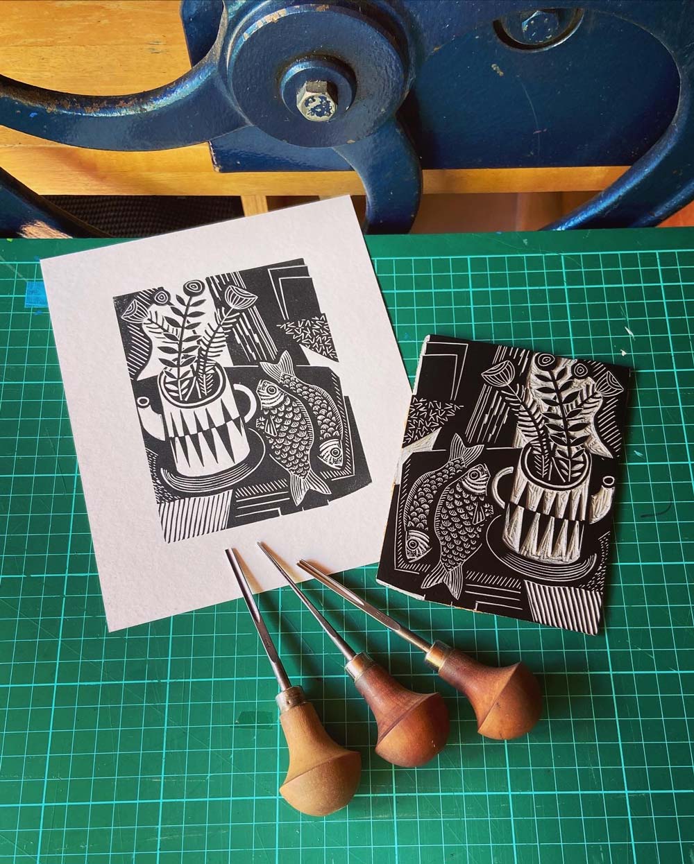 Fish and Flowers | Limited Edition Black & White Linocut Print - Image 8