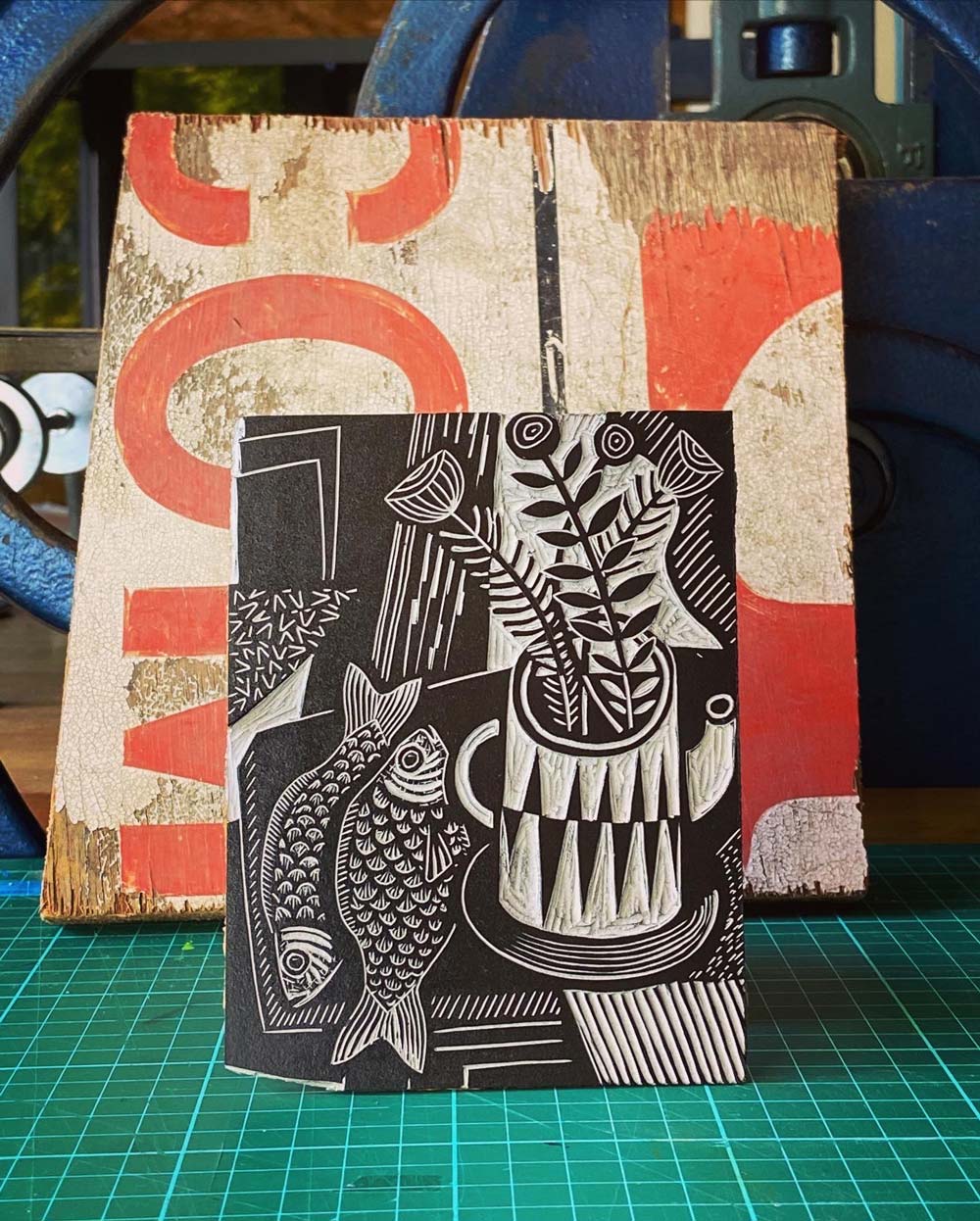 Fish and Flowers | Limited Edition Black & White Linocut Print - Image 7