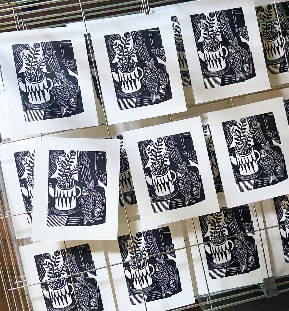 Fish and Flowers | Limited Edition Black & White Linocut Print - Image 9