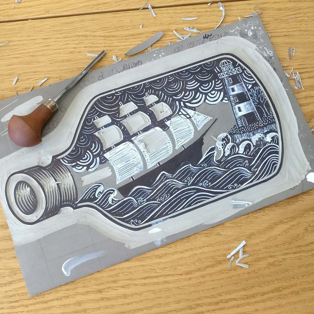 ship in storm inside bottle linocut print with lighthouse guiding to shore. Work in progress image