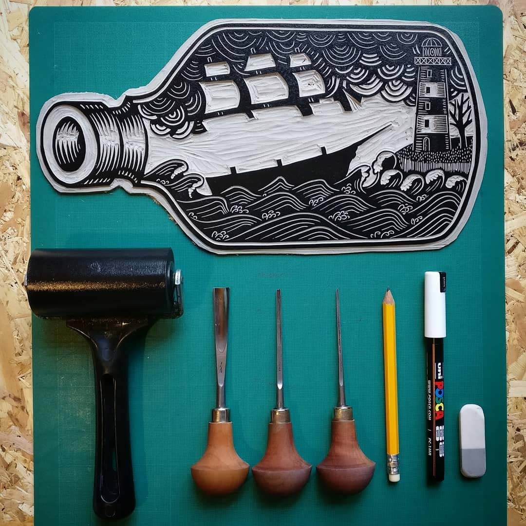 tigerlino - Piano Alligator linocut