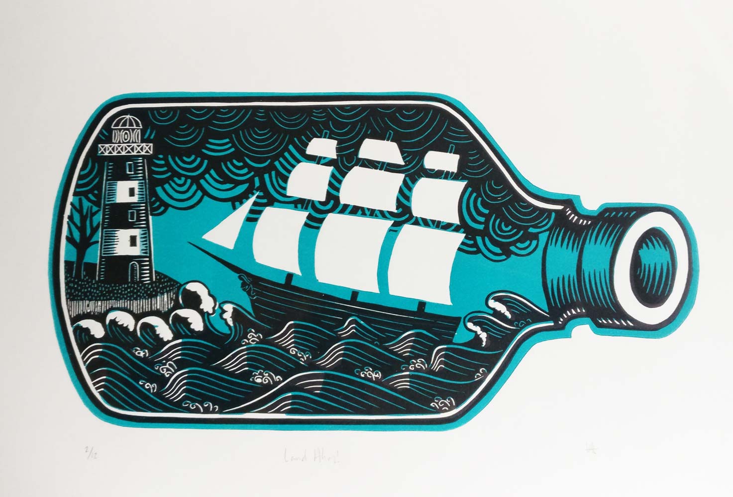 ship in storm inside bottle linocut print with lighthouse guiding to shore