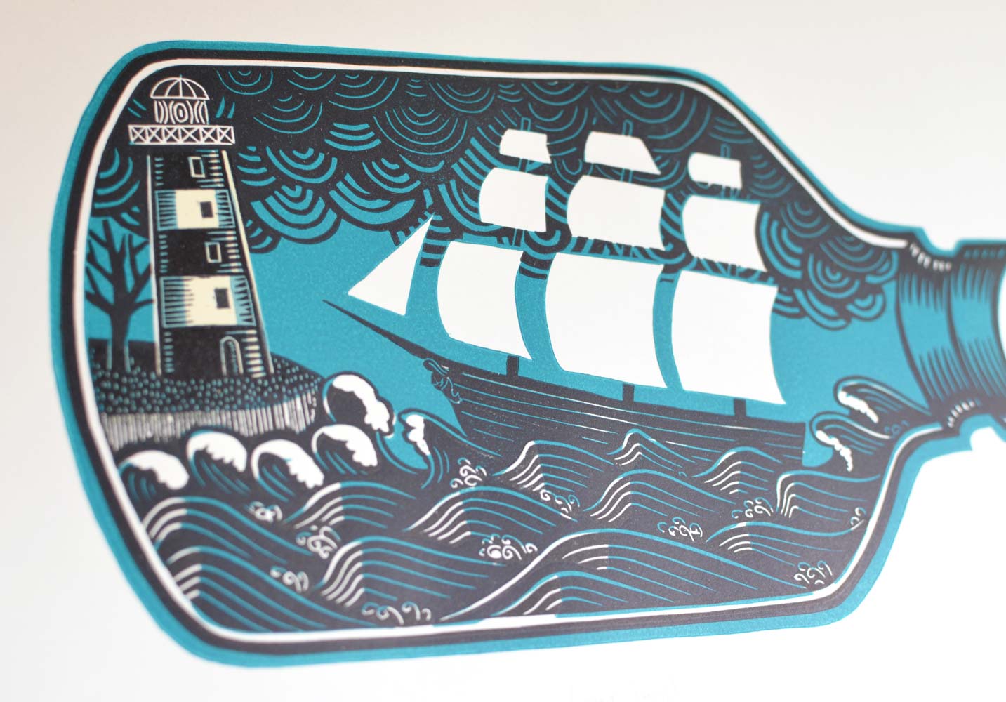 ship in storm inside bottle linocut print with lighthouse guiding to shore