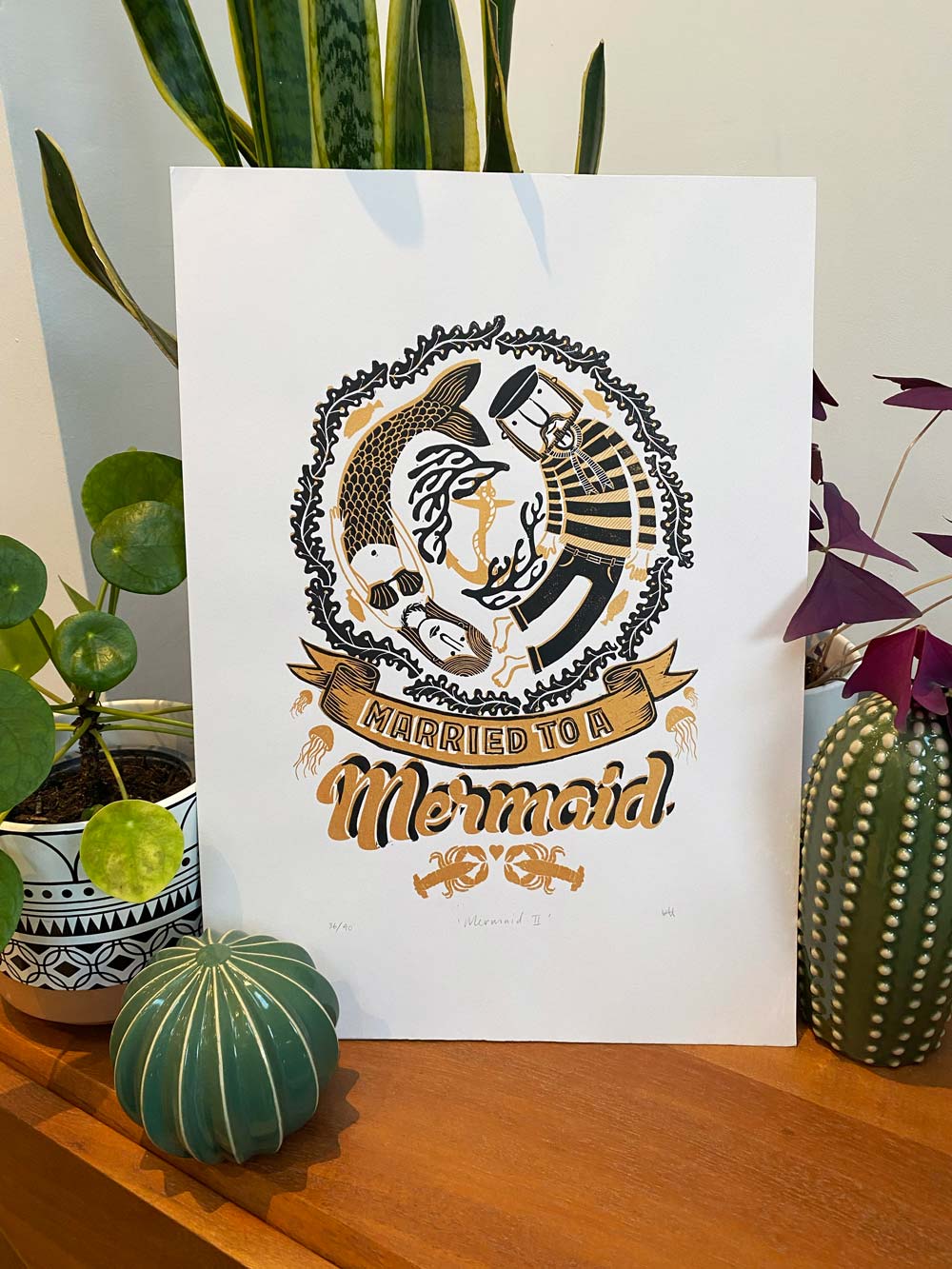 tigerlino - Married to a Mermaid II linocut