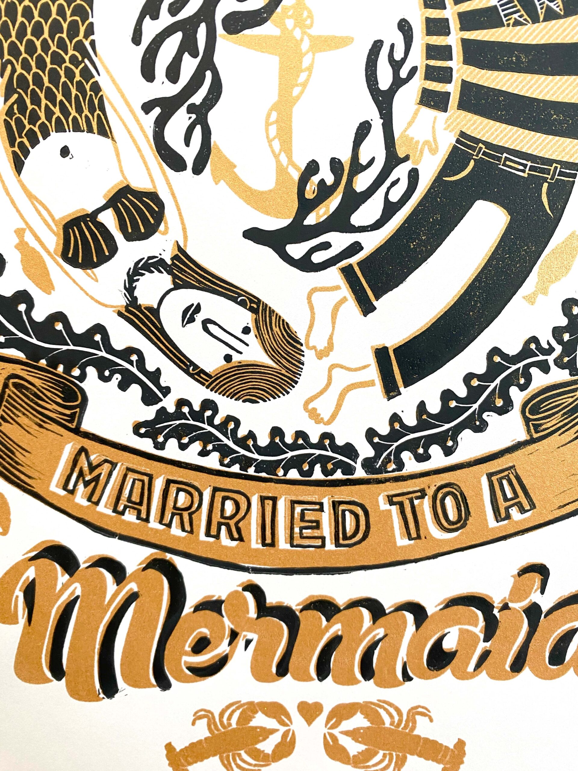 tigerlino - Married to a Mermaid II linocut