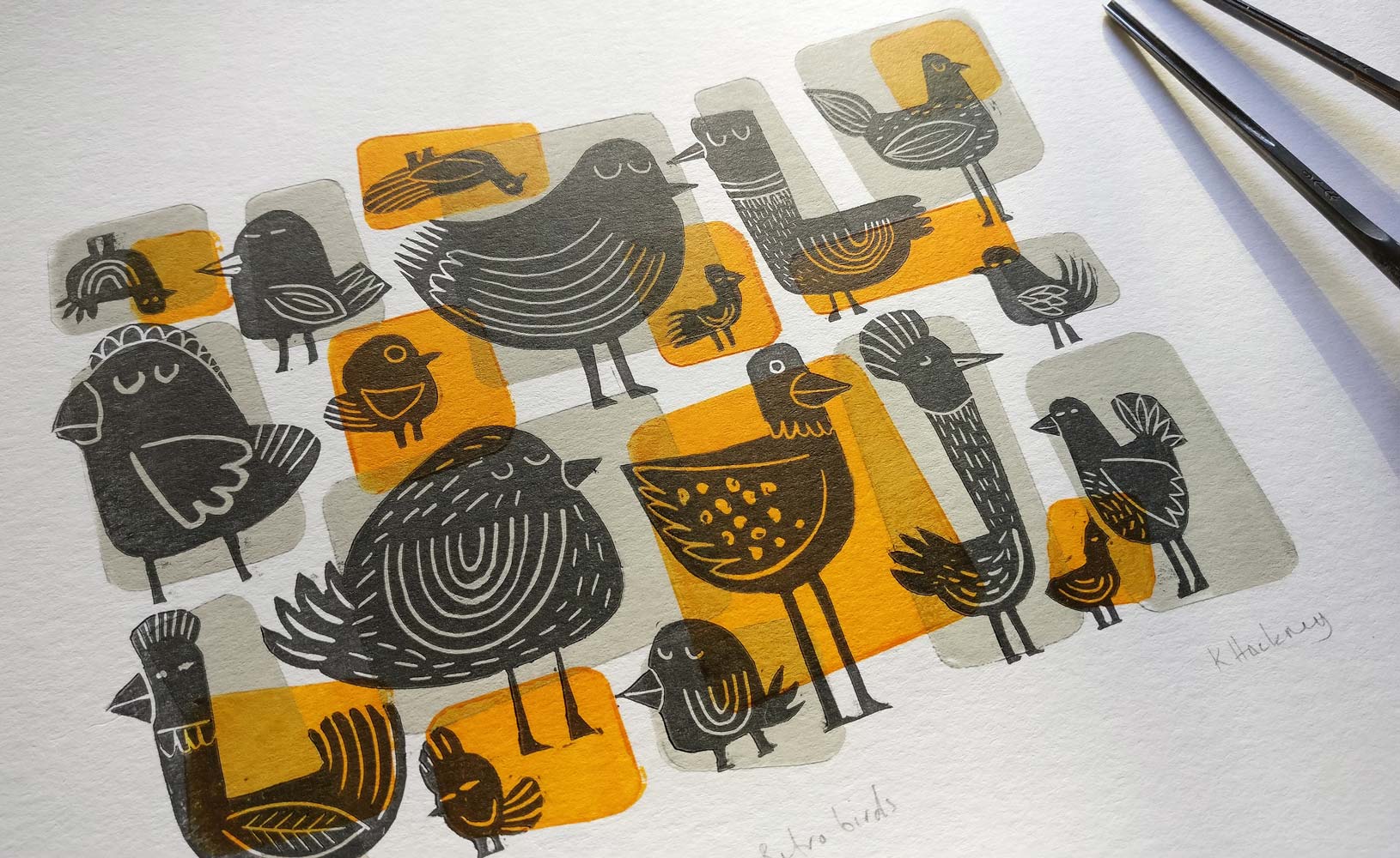 tigerlino - Retro Birds linocut