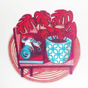 tigerlino - Say Cheese cheese plant camera linocut