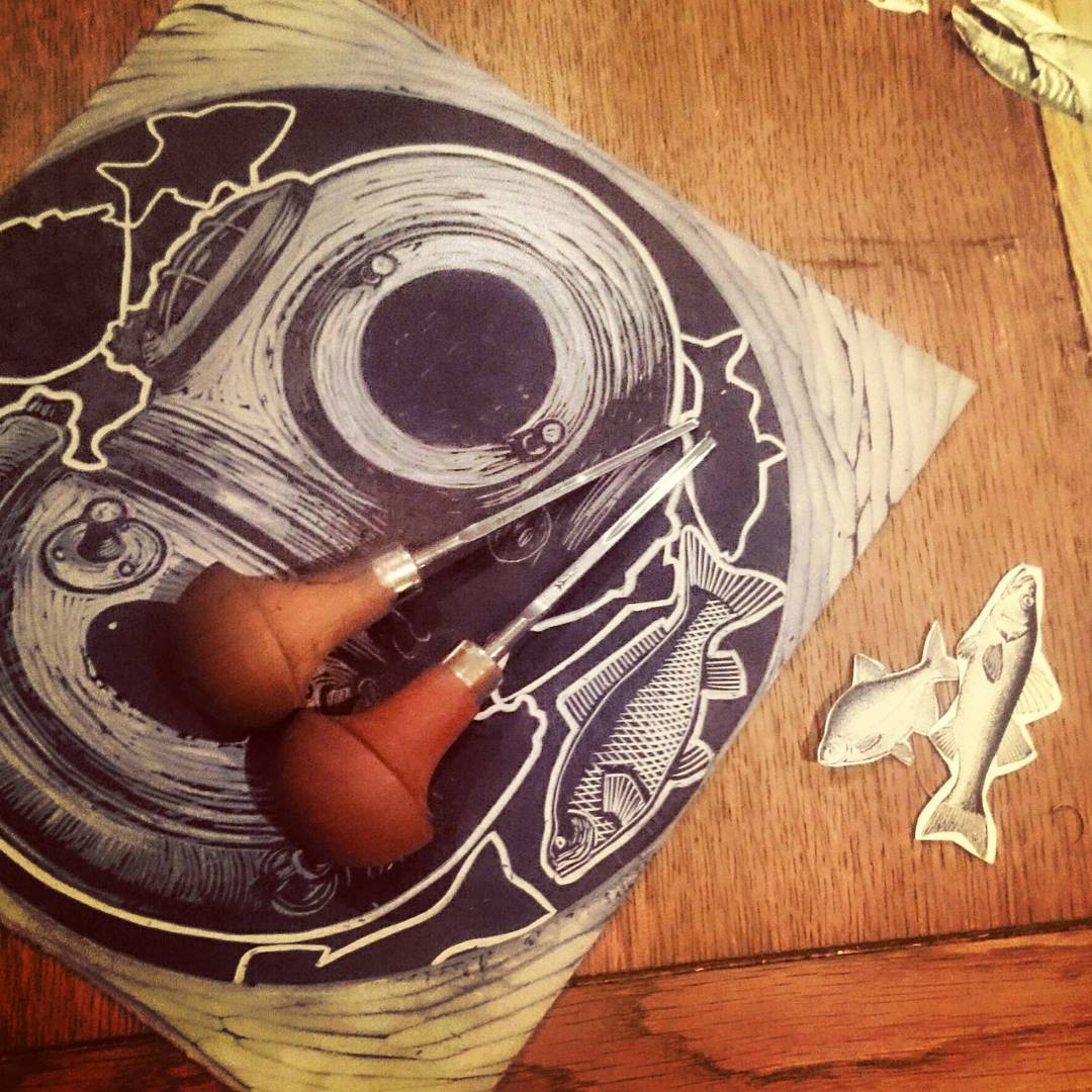 tigerlino - the bends diving helmet linocut