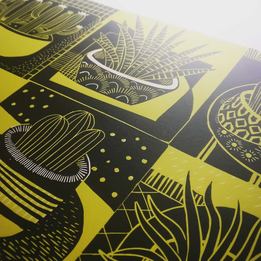 grid of nine cactus plants in pots linocut print yellow and black abstract style
