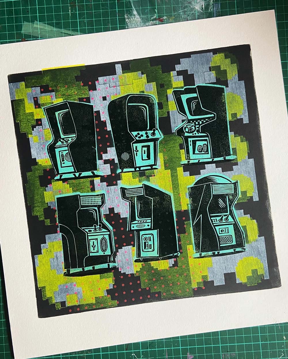 tigerlino - arcade pac man linocut