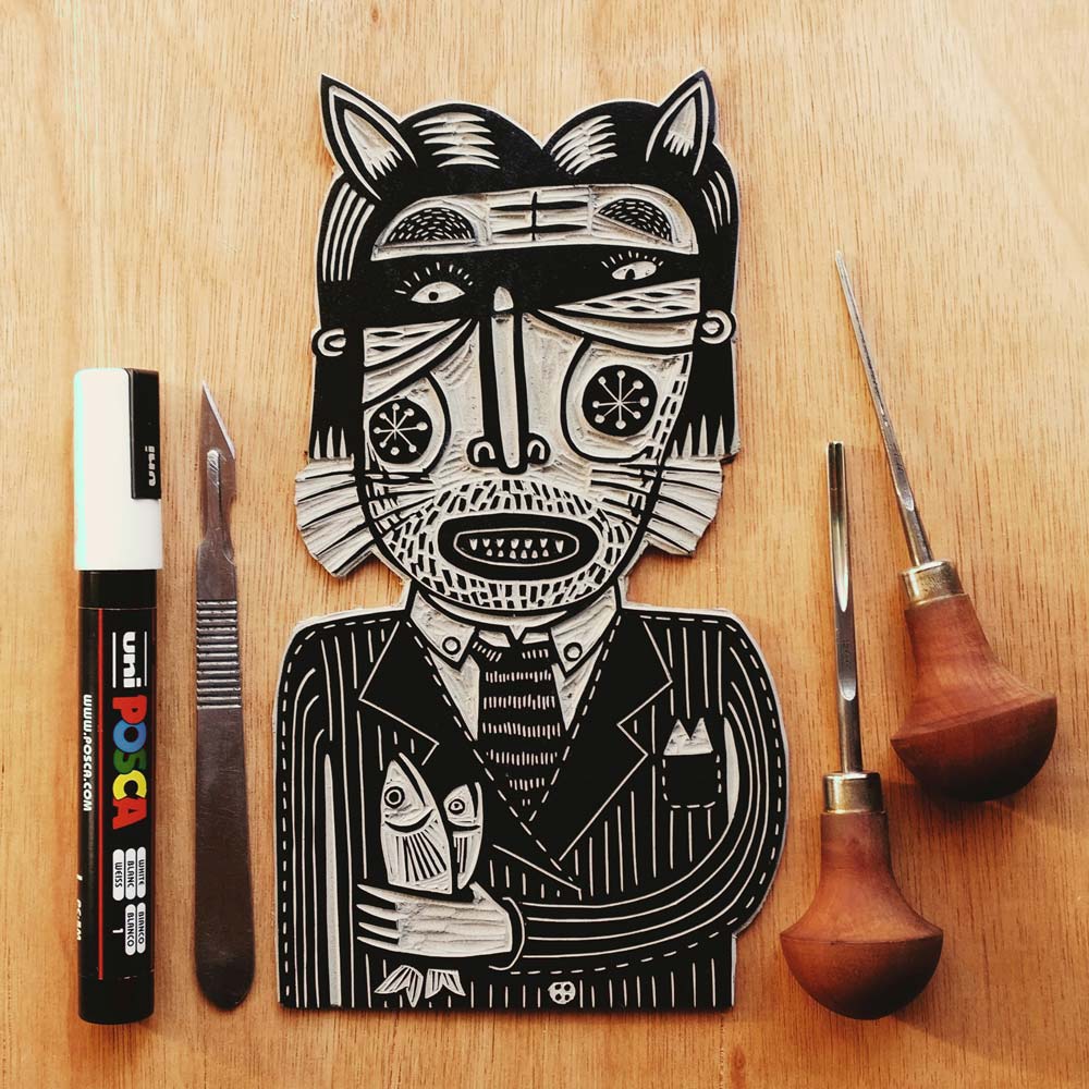tigerlino - Piano Alligator linocut