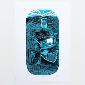blue lighthouse linocut print showing fishing boats in a harbour beside a lighthouse