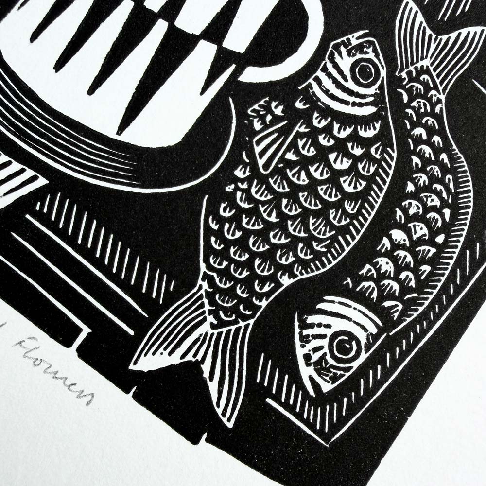 Graphic abstract Black and white still life linocut print showing flowers in a vase surrounded by textures and fish