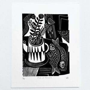 Graphic abstract Black and white still life linocut print showing flowers in a vase surrounded by textures and fish