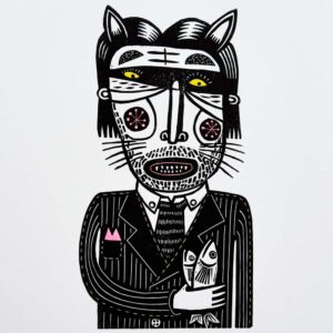 Man Cat handmade linocut print showing a cat-headed man in a suit holding fish by Tigerlino
