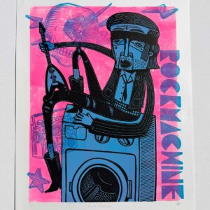 linocut image of a character of a ageing rock star sat on a washing machine holding his guitar