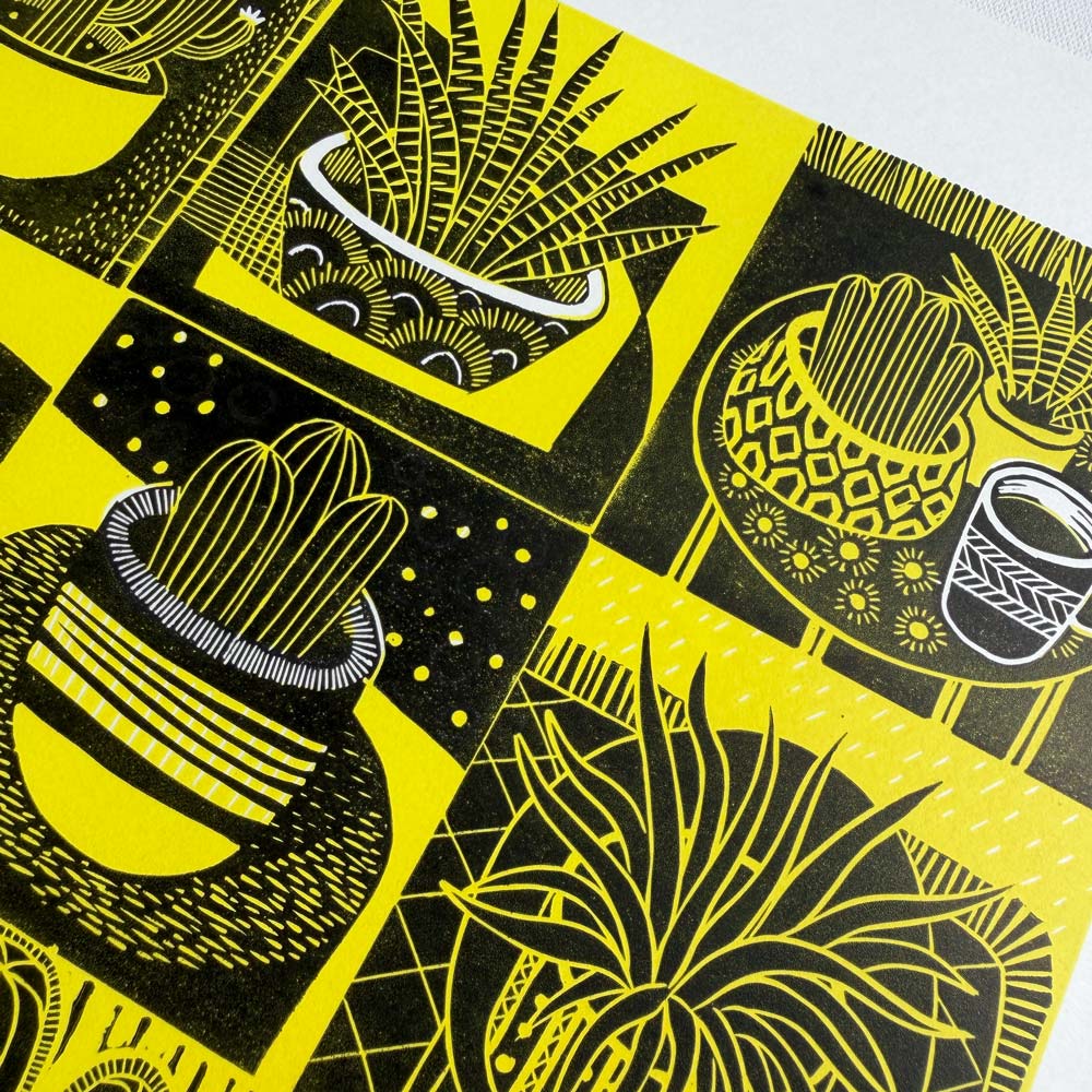 grid of nine cactus plants in pots linocut print yellow and black abstract style