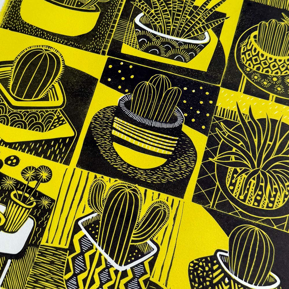 grid of nine cactus plants in pots linocut print yellow and black abstract style