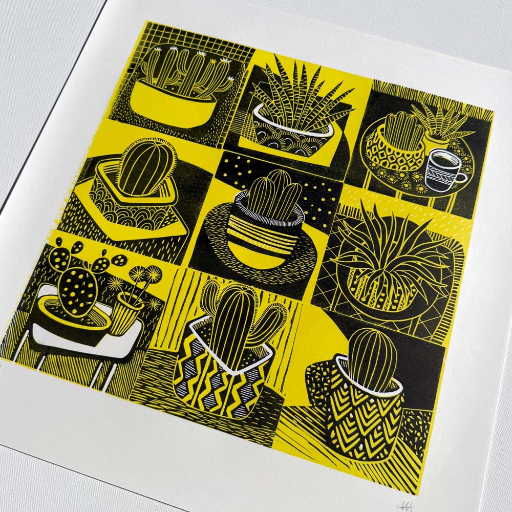 grid of nine cactus plants in pots linocut print yellow and black abstract style