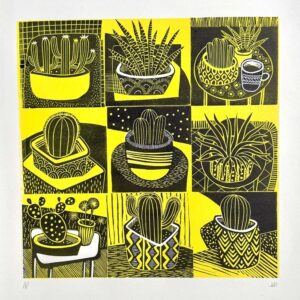 grid of nine cactus plants in pots linocut print yellow and black abstract style