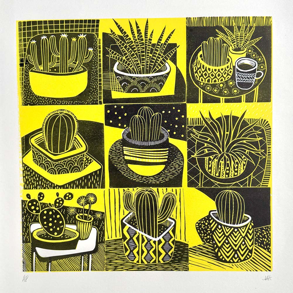 grid of nine cactus plants in pots linocut print yellow and black abstract style