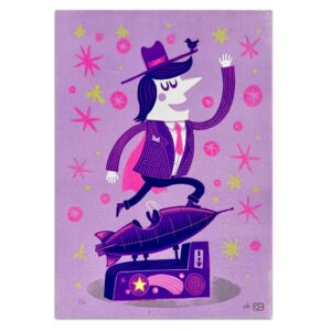 man balancing on vintage rocket ride linocut print with bird on hat