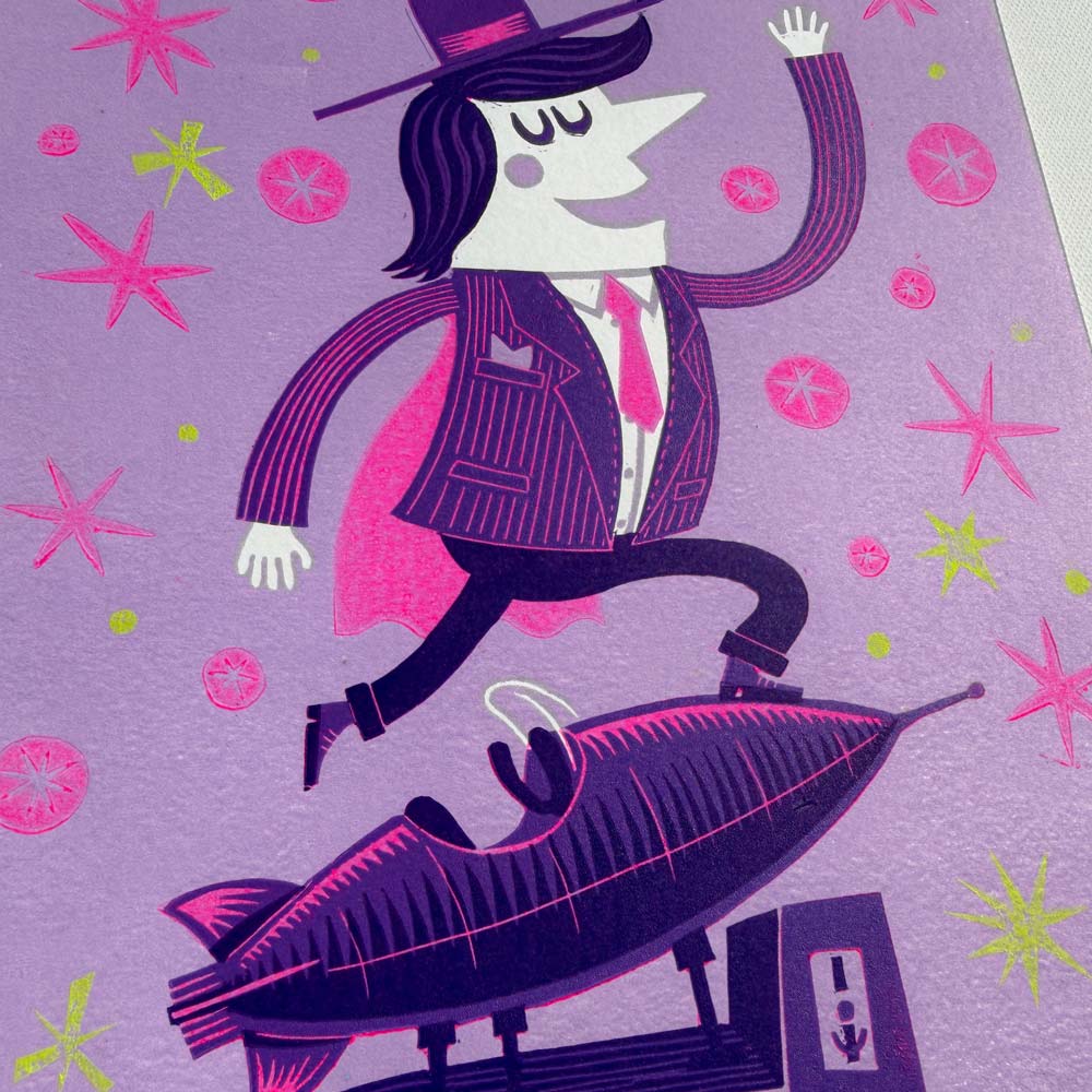 man balancing on vintage rocket ride linocut print with bird on hat