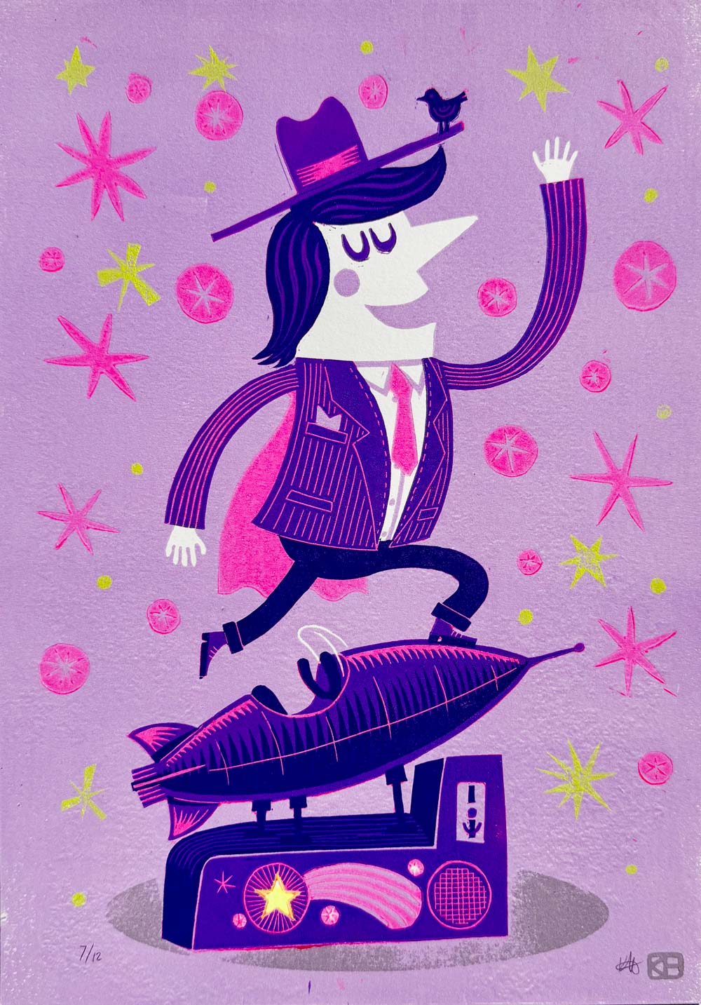 man balancing on vintage rocket ride linocut print with bird on hat
