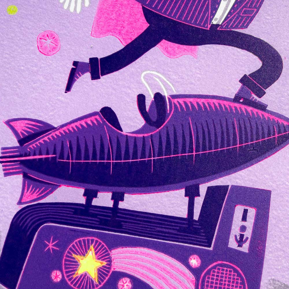 man balancing on vintage rocket ride linocut print with bird on hat