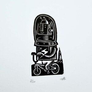 Cycling spaceman handmade linocut print featuring astronaut riding a bicycle by Tigerlino