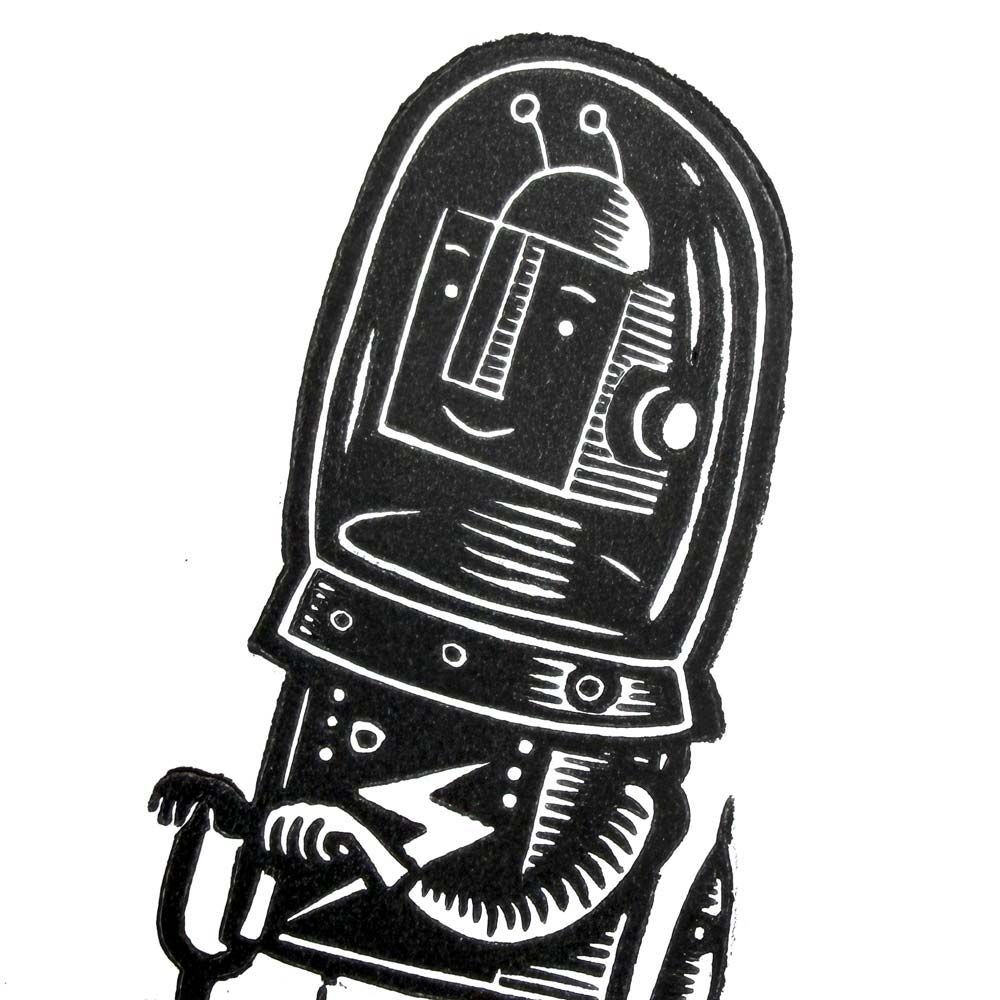 Cycling spaceman handmade linocut print featuring astronaut riding a bicycle by Tigerlino