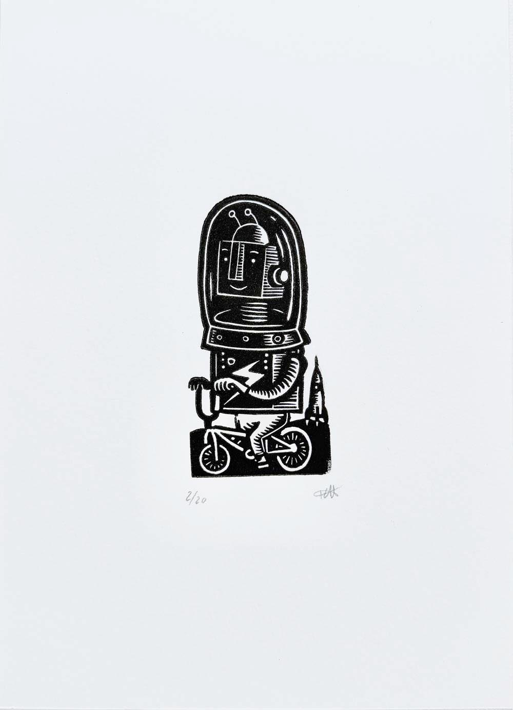 Cycling spaceman handmade linocut print featuring astronaut riding a bicycle by Tigerlino