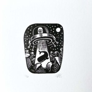 ufo abducting whale from ocean linocut print retro cartoon style
