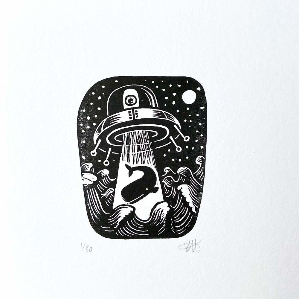 ufo abducting whale from ocean linocut print retro cartoon style