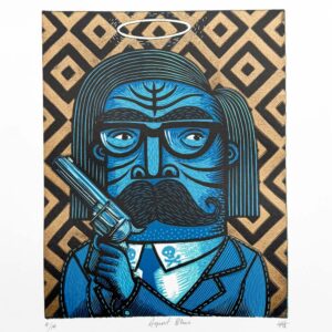 Agent Blue limited edition linocut print featuring a blue character with halo and revolver by Tigerlino