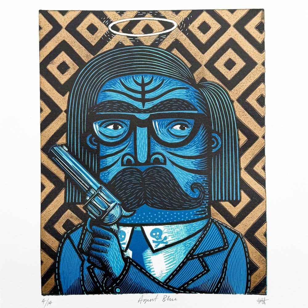 Agent Blue limited edition linocut print featuring a blue character with halo and revolver by Tigerlino