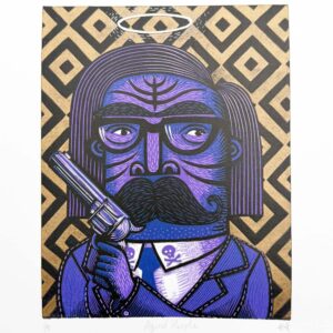 Agent Purple limited edition linocut print featuring a blue character with halo and revolver by Tigerlino