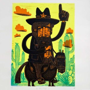 Linocut print of a strange sheriff character sitting on a reluctant horse raising his hand in the air with a foam finger glove on it.