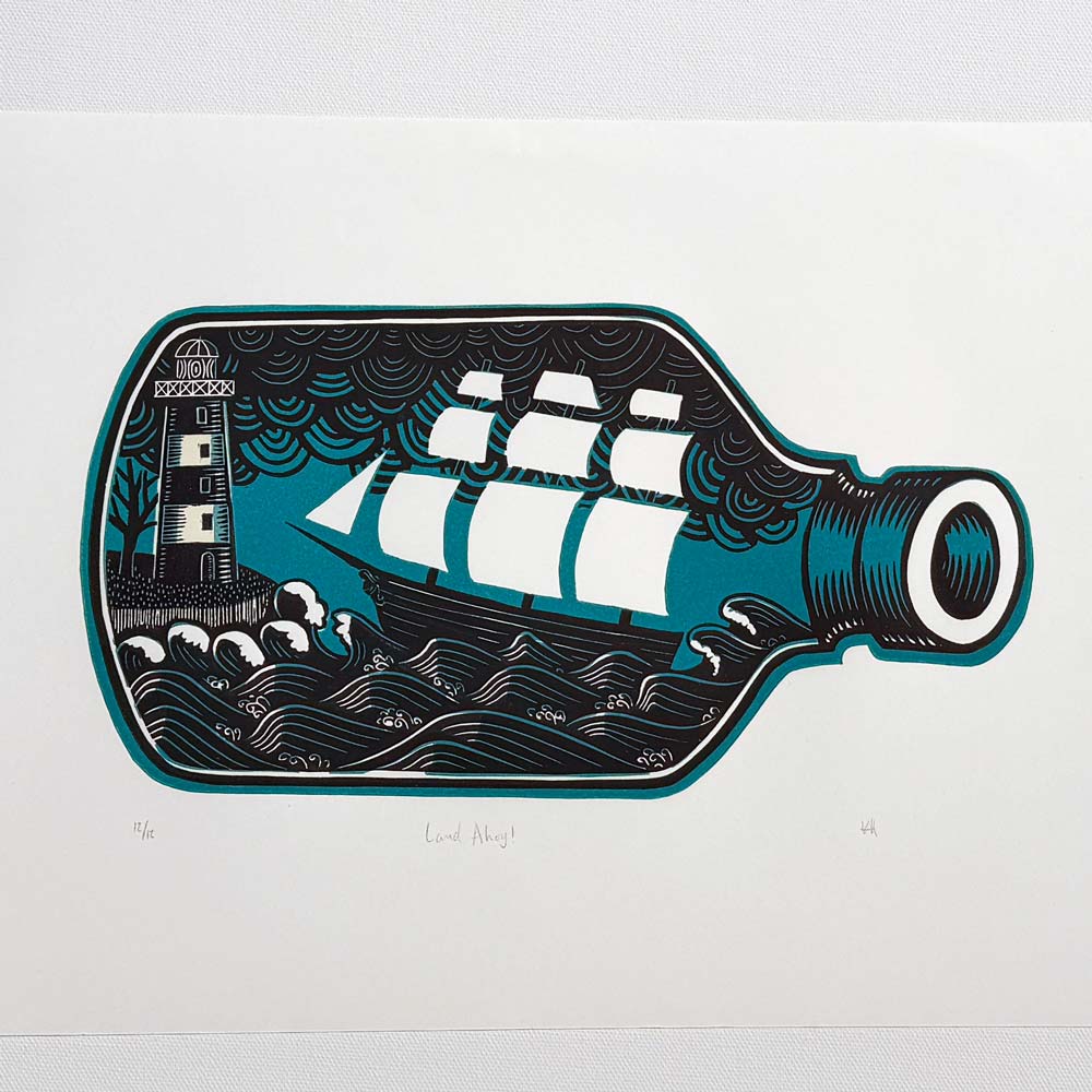 ship in storm inside bottle linocut print with lighthouse guiding to shore