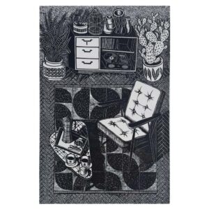 linocut print of a large still life theme. Chairs and an ornate rug in front of a sideboard with a record player on it