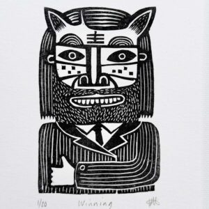 Black and white linocut image of a man cat wearing a pinstripe suit and holding up a thumb