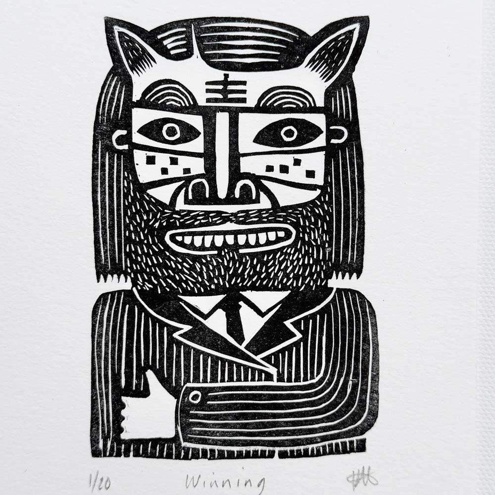 Black and white linocut image of a man cat wearing a pinstripe suit and holding up a thumb